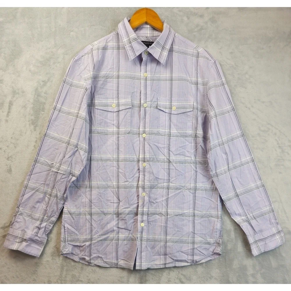 Banana Republic Button Up Shirt Large Slim Fit Purple Plaid Double Chest Pocket